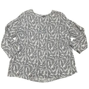 Tahari Linen Flax Women’s Blouse Sz 3X Black White Leaf Pattern Button Up